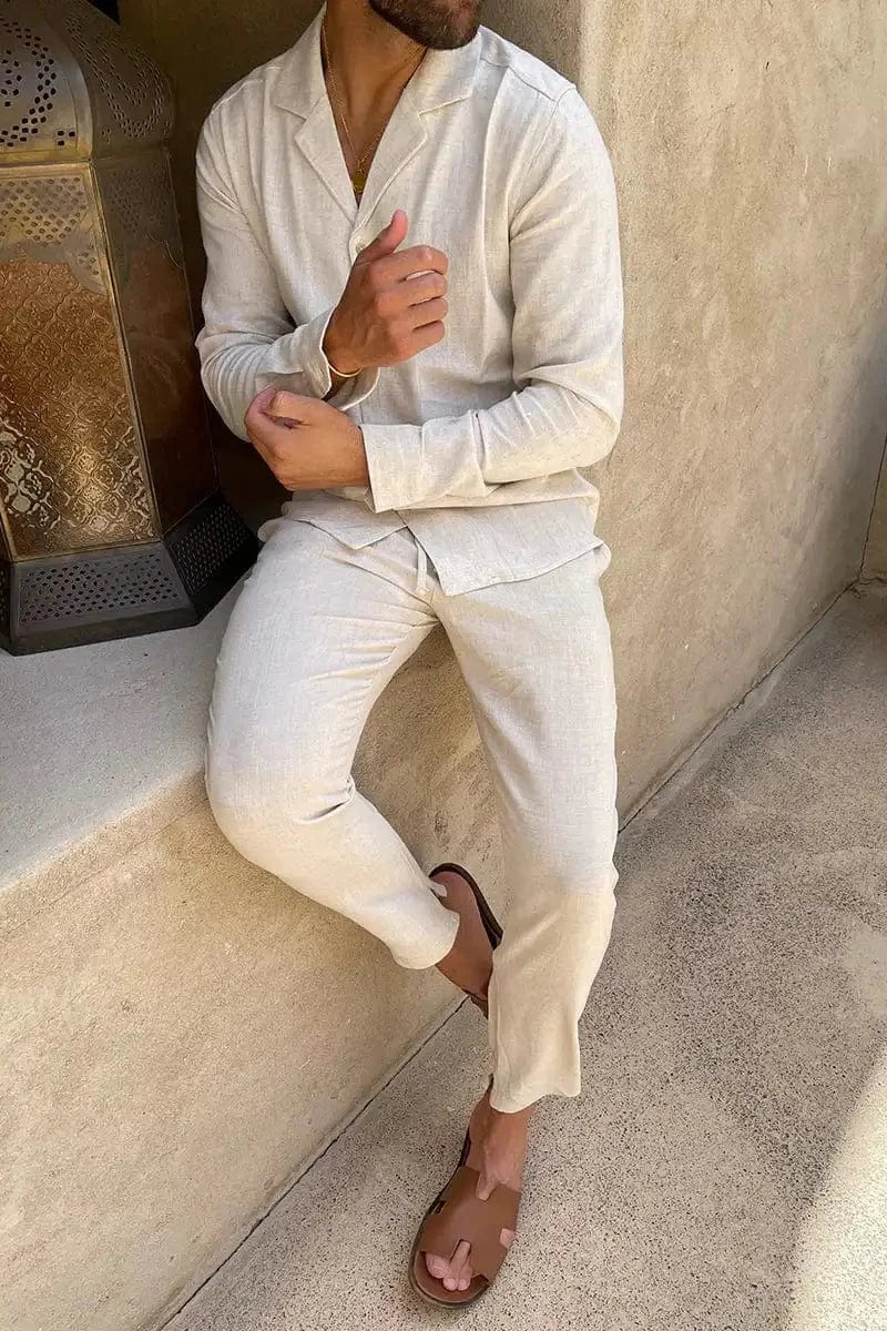 AMARO - Conjunto de lino de dos piezas con camisa de cuello solapa y pantalón con cordón™