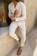 AMARO - Conjunto de lino de dos piezas con camisa de cuello solapa y pantalón con cordón™