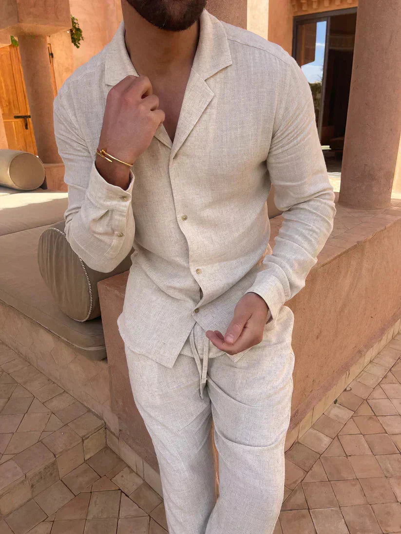 AMARO - Conjunto de lino de dos piezas con camisa de cuello solapa y pantalón con cordón™