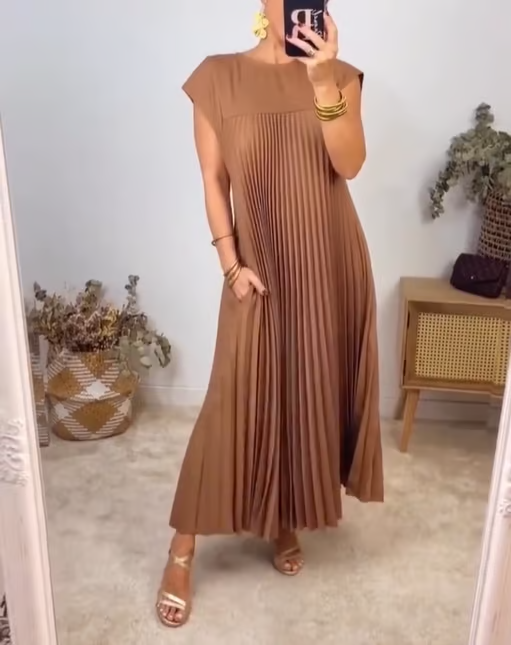 CHLOE - Vestido largo plisado sin mangas de corte evasé estilo túnica™