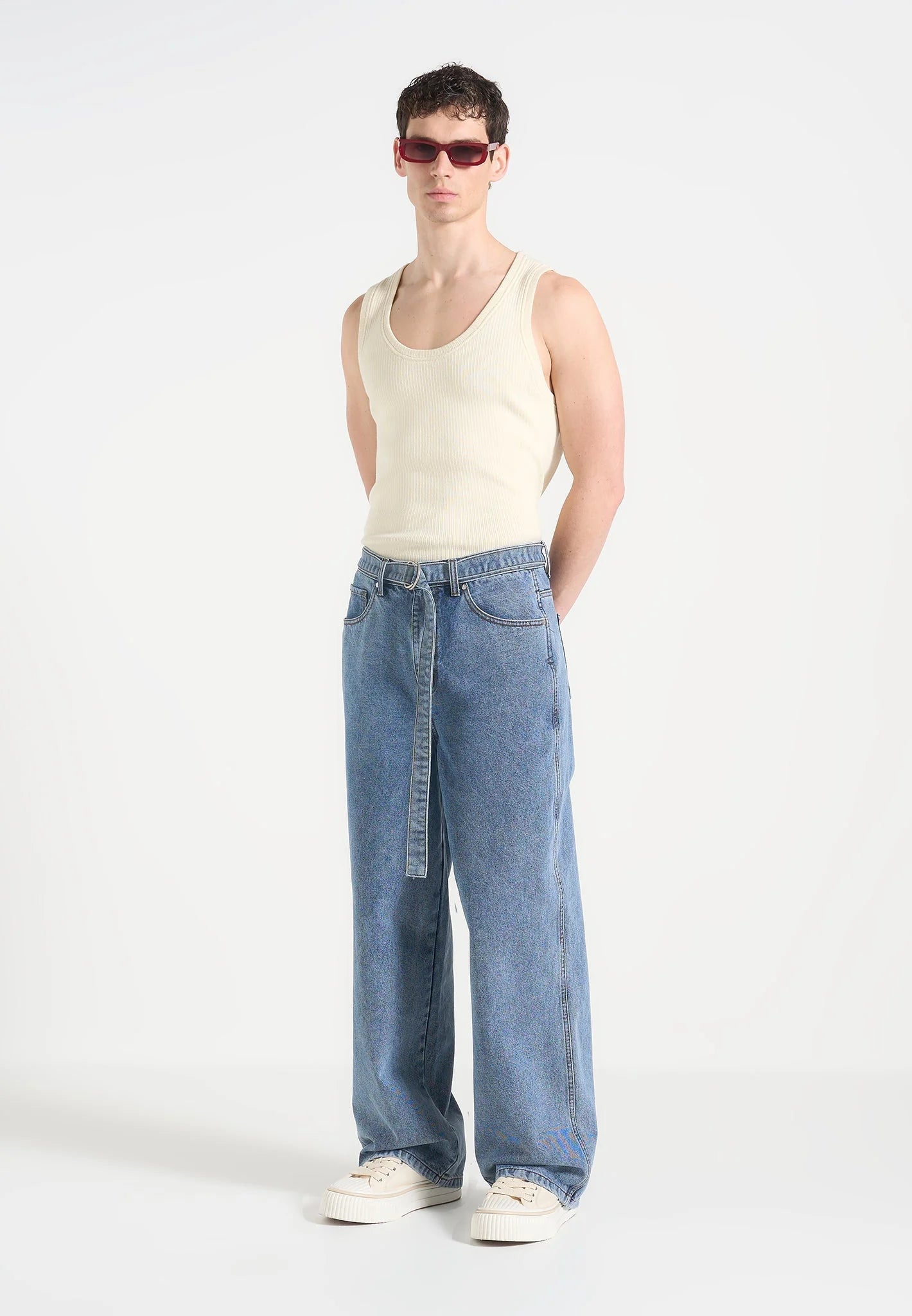 ADAM-Vaquero Wide Leg con Cinturón en Azul Lavado