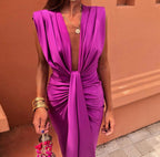 CAMILA - Vestido largo drapeado de escote en V con nudo central y abertura™