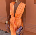 CAMILA - Vestido largo drapeado de escote en V con nudo central y abertura™