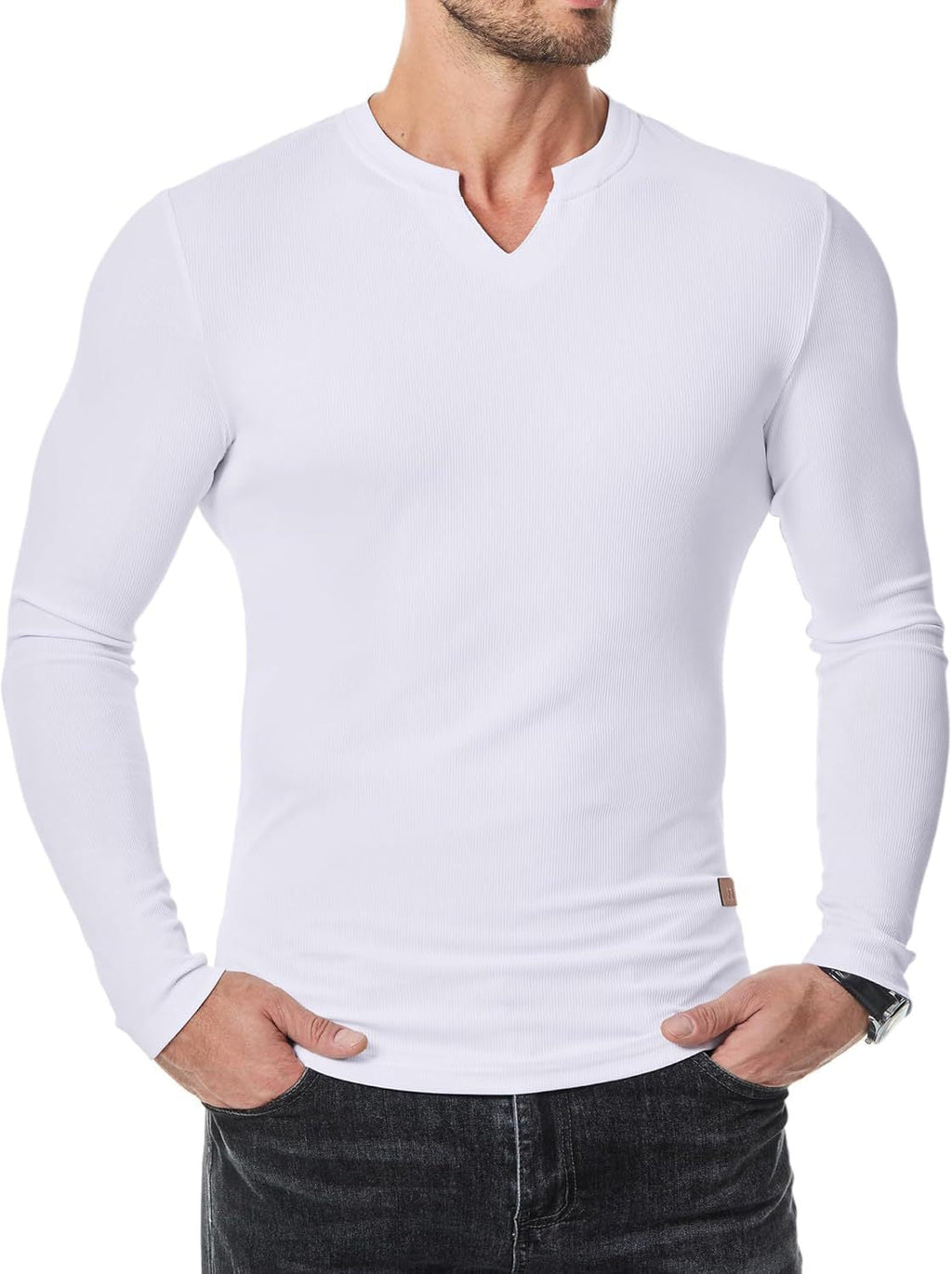 👕Haut côtelé à manches longues à col en V pour homme, pour l’entraînement, le fitness et le sport🛍️