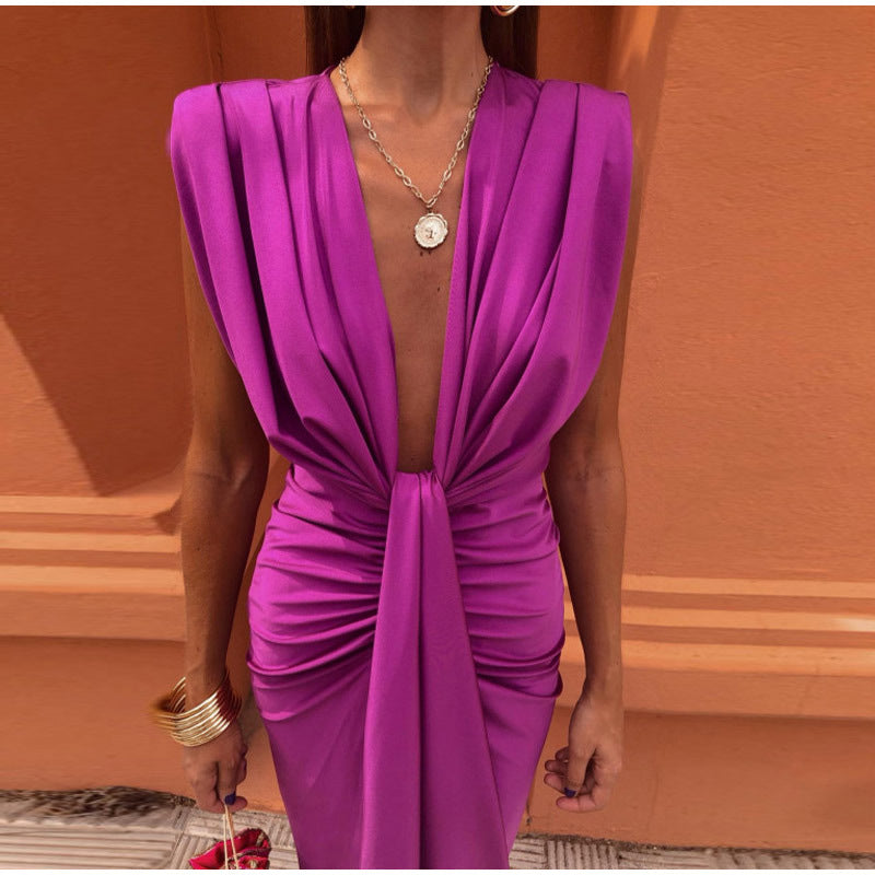 CAMILA - Vestido largo drapeado de escote en V con nudo central y abertura™
