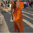 CAMILA - Vestido largo drapeado de escote en V con nudo central y abertura™