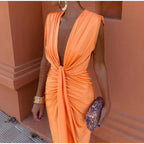 CAMILA - Vestido largo drapeado de escote en V con nudo central y abertura™