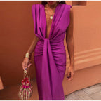 CAMILA - Vestido largo drapeado de escote en V con nudo central y abertura™