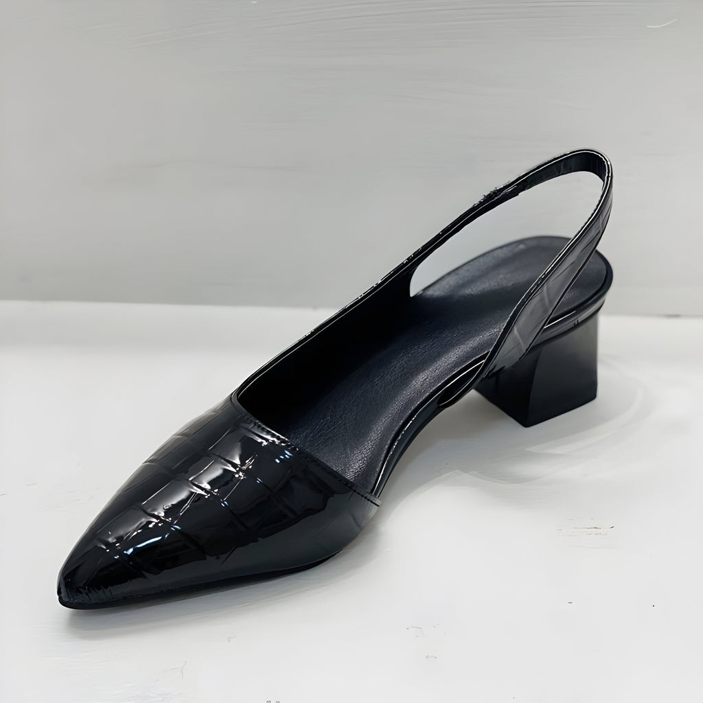 MENCÍA - Zapatos destalonados de tacón ancho con puntera afilada y grabado coco™