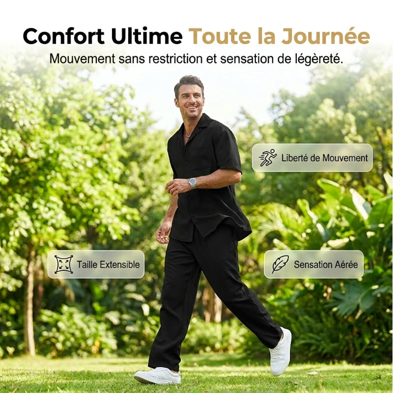 👔 50% DE RÉDUCTION ✨ Ensemble décontracté homme – Chemise col cubain & pantalon ample – Tissu léger, coupe fluide, parfait pour les vacances ou les journées chaudes 🌴