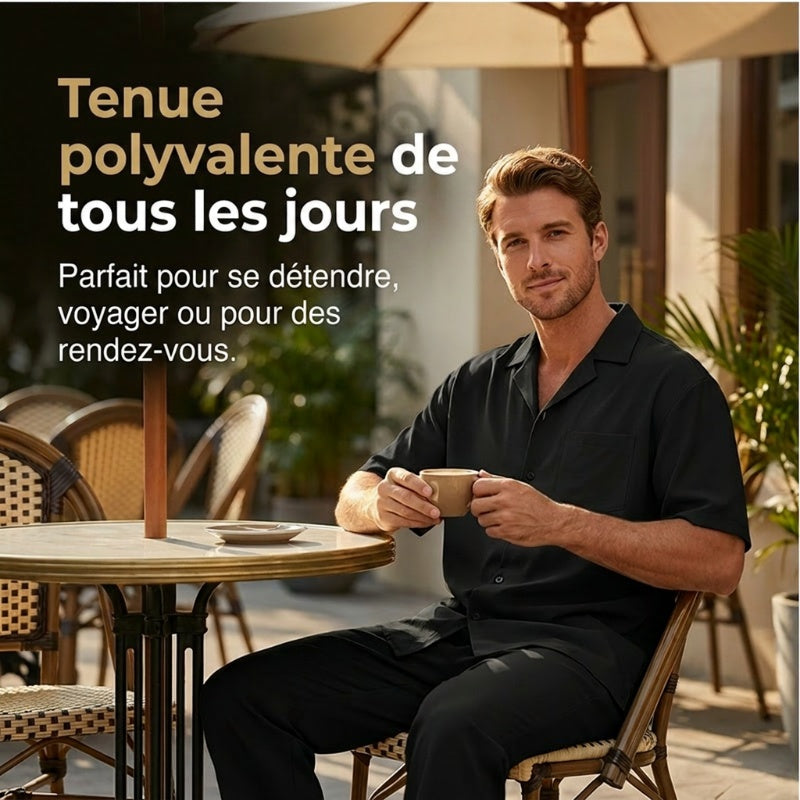 👔 50% DE RÉDUCTION ✨ Ensemble décontracté homme – Chemise col cubain & pantalon ample – Tissu léger, coupe fluide, parfait pour les vacances ou les journées chaudes 🌴