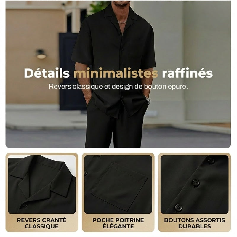 👔 50% DE RÉDUCTION ✨ Ensemble décontracté homme – Chemise col cubain & pantalon ample – Tissu léger, coupe fluide, parfait pour les vacances ou les journées chaudes 🌴