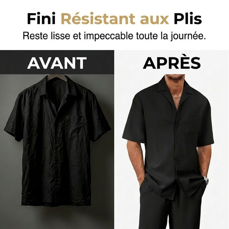 👔 50% DE RÉDUCTION ✨ Ensemble décontracté homme – Chemise col cubain & pantalon ample – Tissu léger, coupe fluide, parfait pour les vacances ou les journées chaudes 🌴