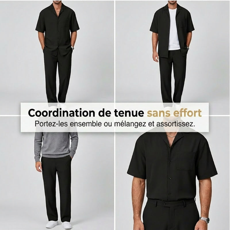 👔 50% DE RÉDUCTION ✨ Ensemble décontracté homme – Chemise col cubain & pantalon ample – Tissu léger, coupe fluide, parfait pour les vacances ou les journées chaudes 🌴