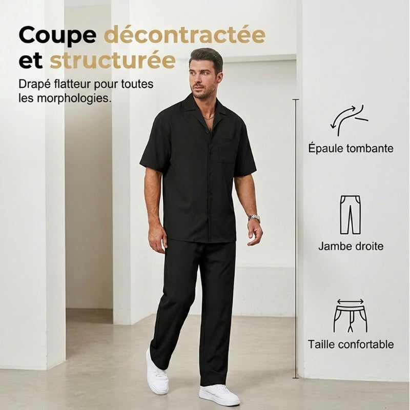 👔 50% DE RÉDUCTION ✨ Ensemble décontracté homme – Chemise col cubain & pantalon ample – Tissu léger, coupe fluide, parfait pour les vacances ou les journées chaudes 🌴