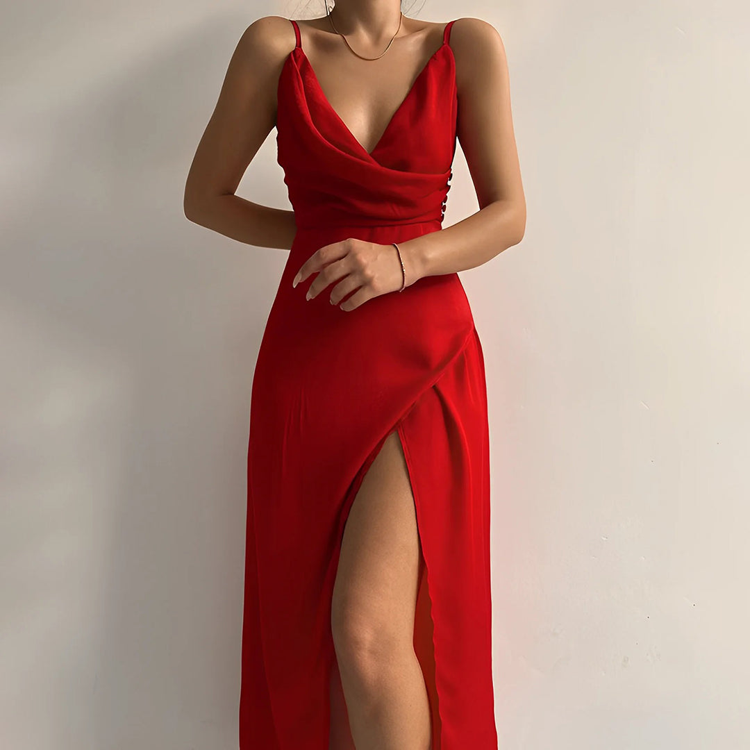 MARTINA - Vestido largo de satén con escote pronunciado en V y abertura frontal™