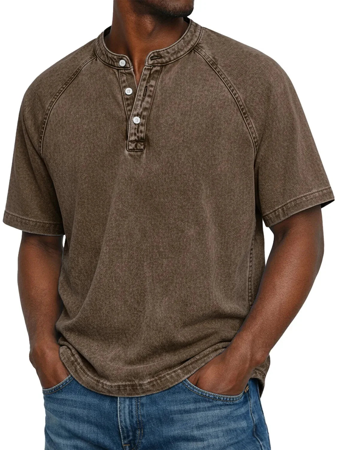 LEO - Camiseta Henley de manga corta con efecto lavado vintage™