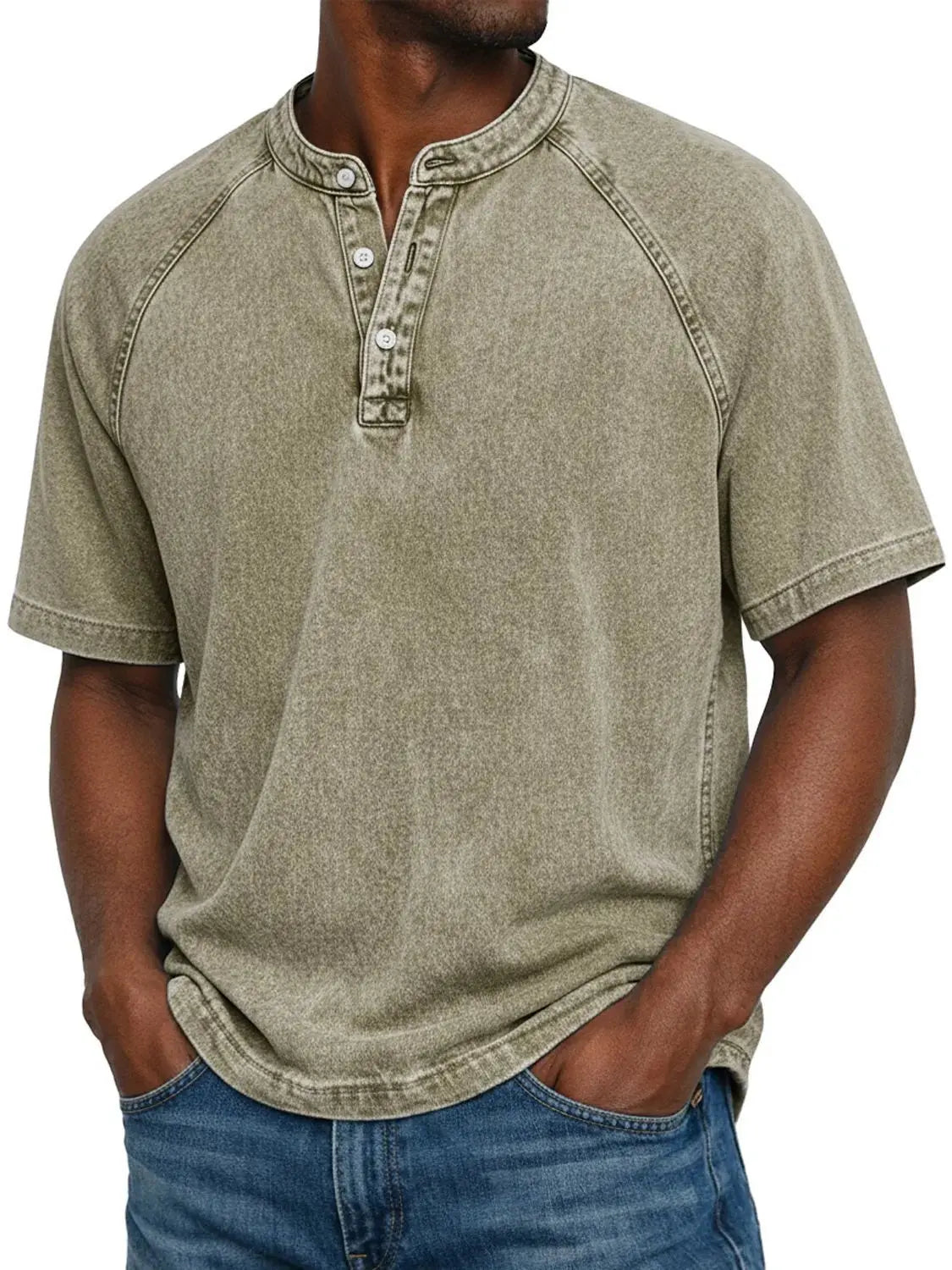 LEO - Camiseta Henley de manga corta con efecto lavado vintage™