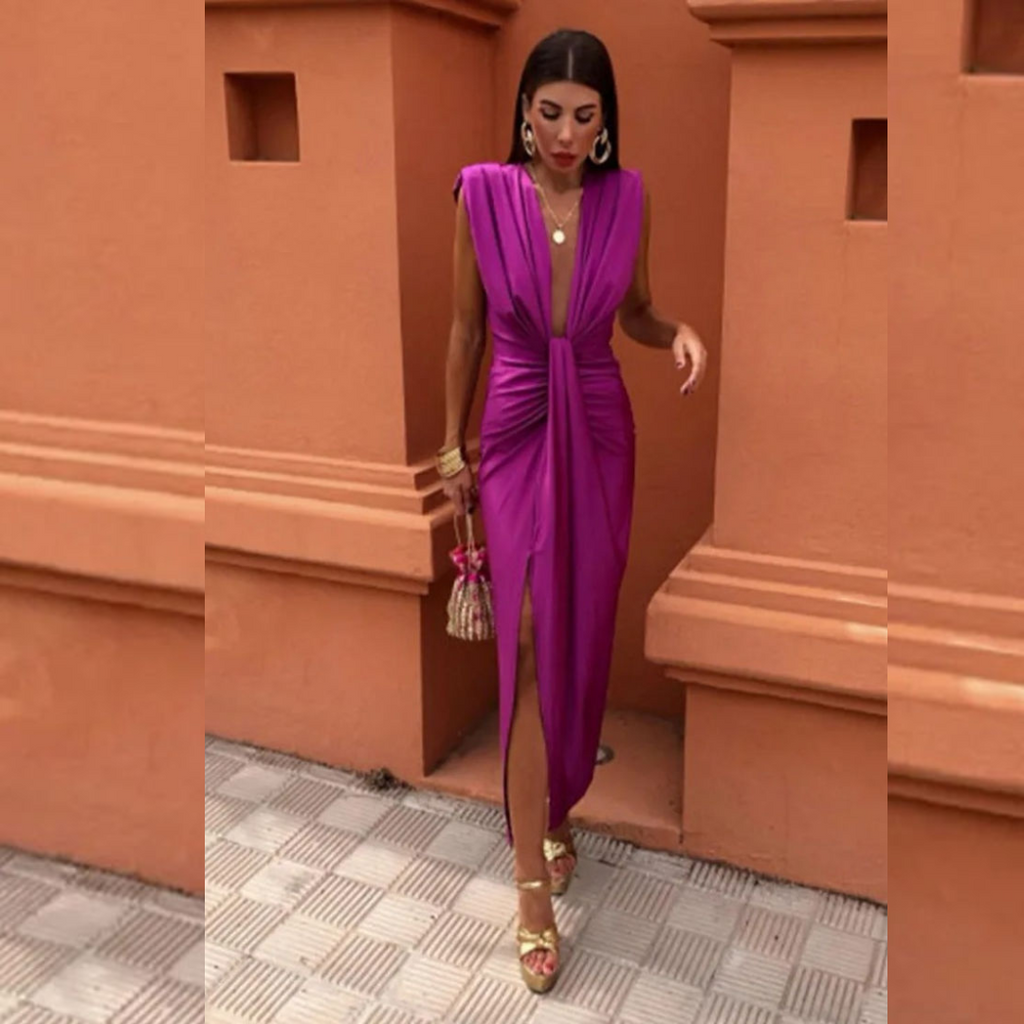 CAMILA - Vestido largo drapeado de escote en V con nudo central y abertura™