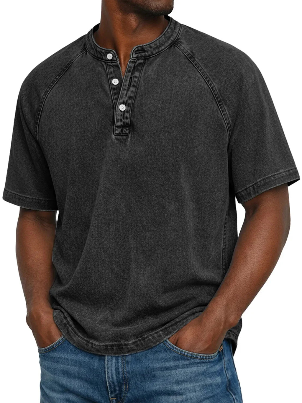 LEO - Camiseta Henley de manga corta con efecto lavado vintage™