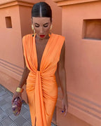 CAMILA - Vestido largo drapeado de escote en V con nudo central y abertura™