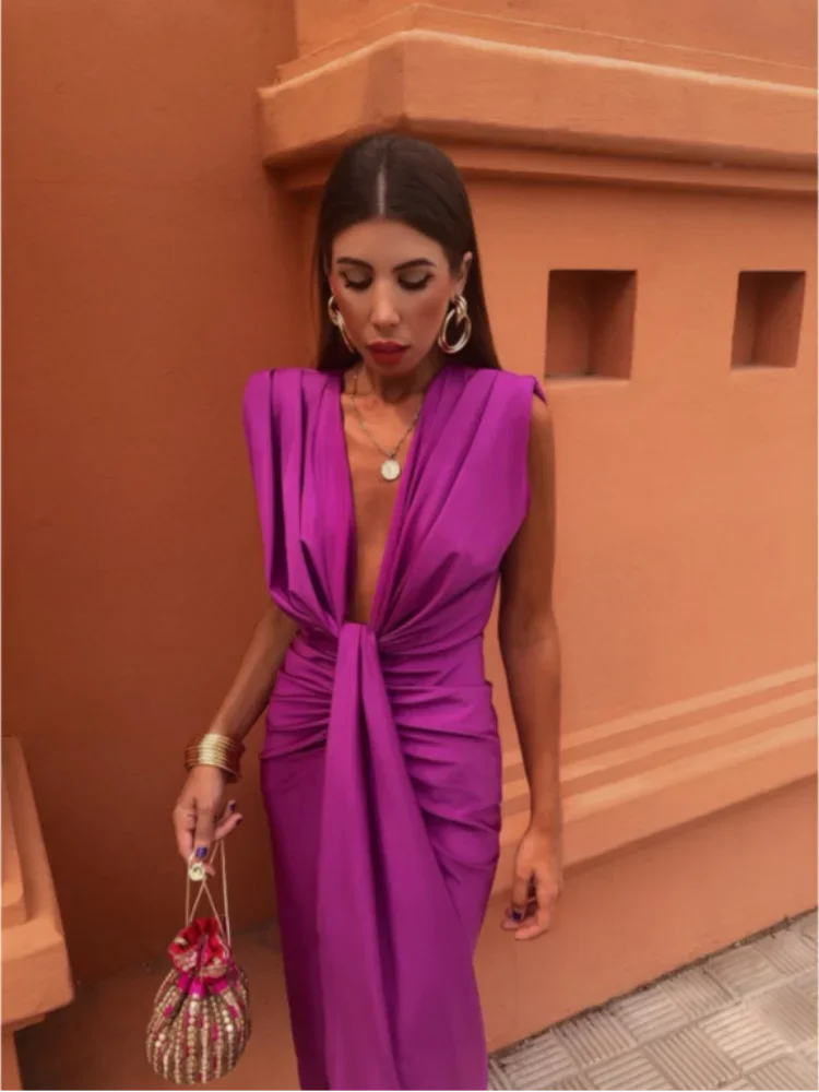 CAMILA - Vestido largo drapeado de escote en V con nudo central y abertura™