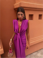 CAMILA - Vestido largo drapeado de escote en V con nudo central y abertura™