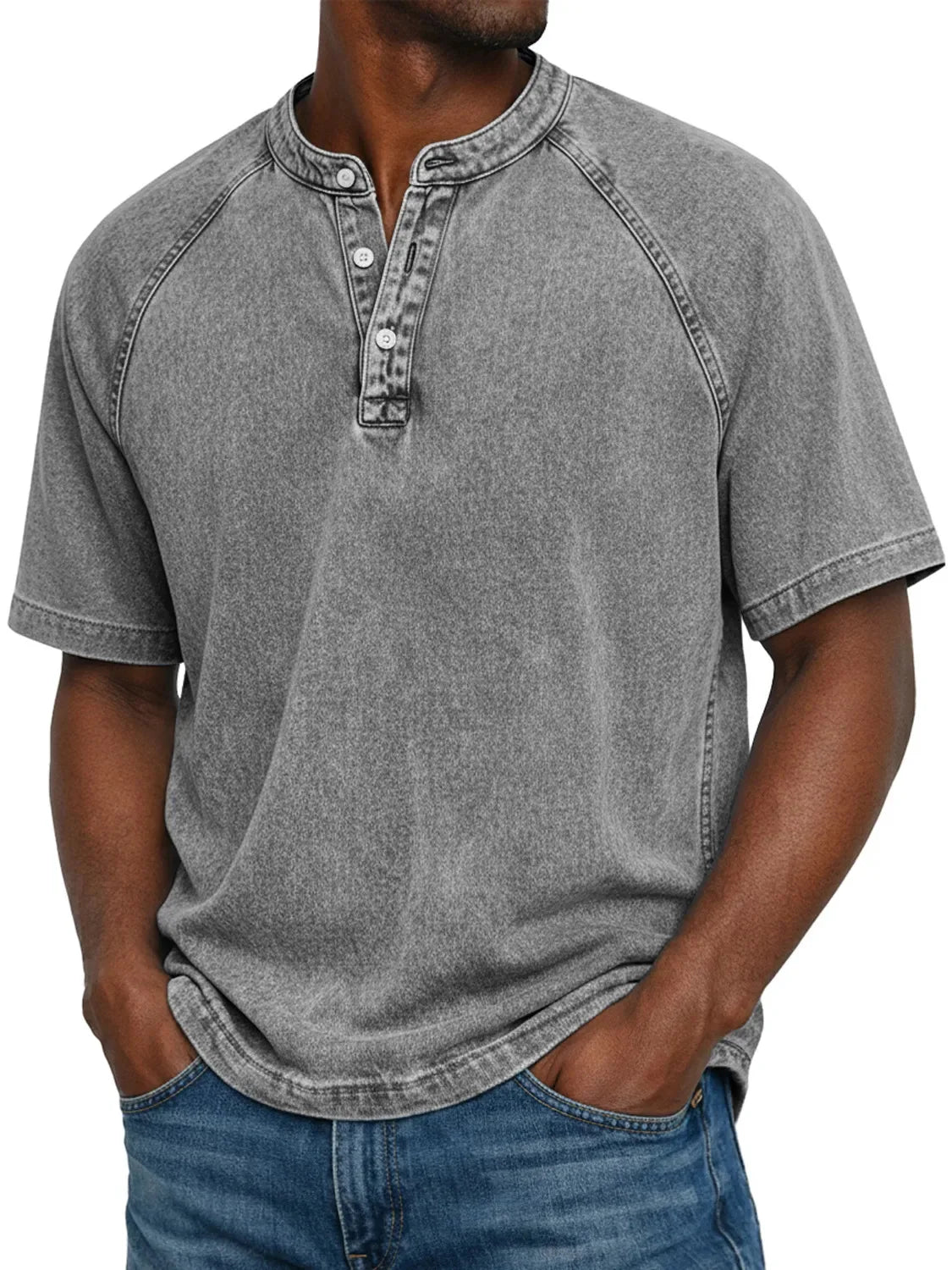 LEO - Camiseta Henley de manga corta con efecto lavado vintage™