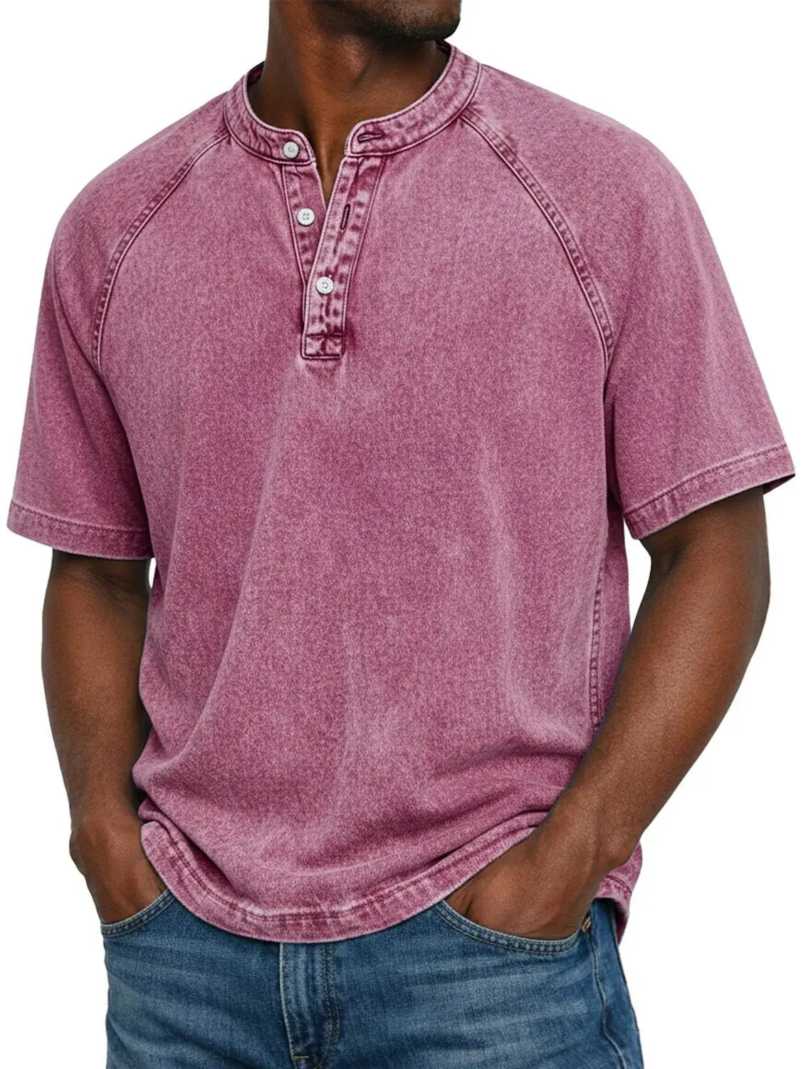 LEO - Camiseta Henley de manga corta con efecto lavado vintage™