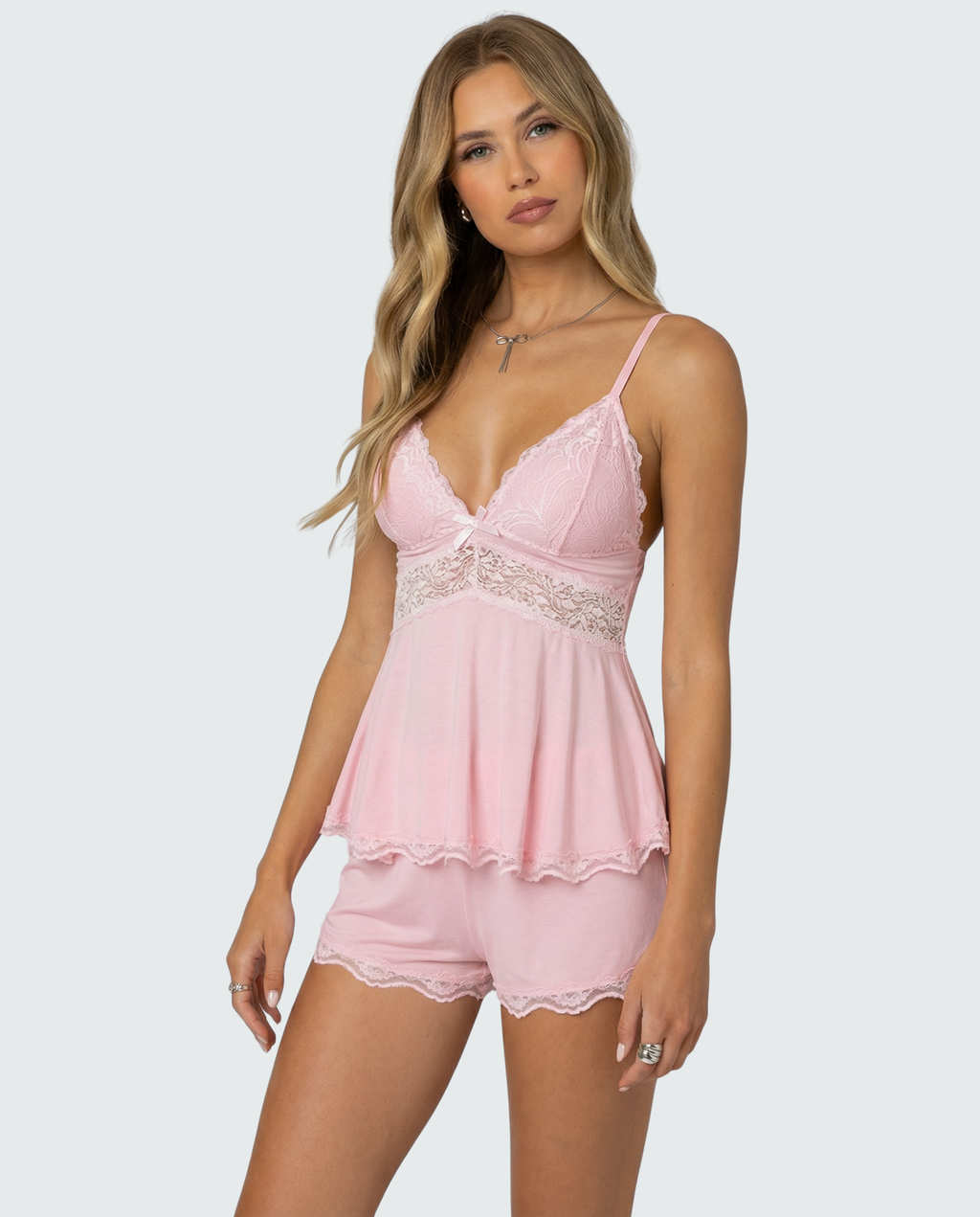 SILVIA - Conjunto de pijama lencero de tirantes y short con encaje™