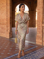 CALANDRA - Vestido midi estampado de fiesta con escote en V y nudo drapeado™
