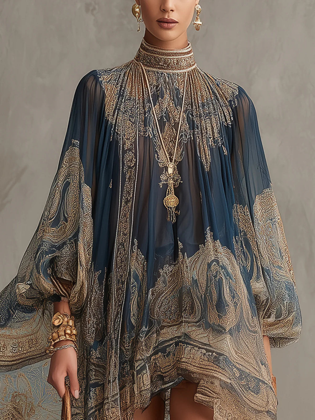MARINA - Minivestido de muselina azul marino con estampado bohemio y cuello perla™