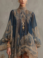 MARINA - Minivestido de muselina azul marino con estampado bohemio y cuello perla™