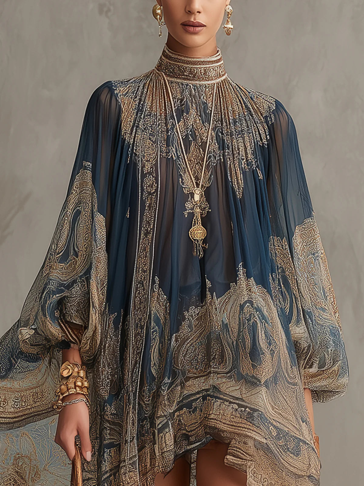 MARINA - Minivestido de muselina azul marino con estampado bohemio y cuello perla™