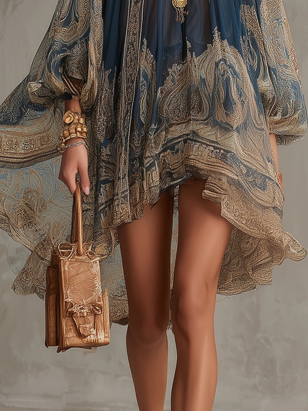MARINA - Minivestido de muselina azul marino con estampado bohemio y cuello perla™