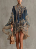 MARINA - Minivestido de muselina azul marino con estampado bohemio y cuello perla™