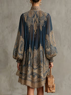 MARINA - Minivestido de muselina azul marino con estampado bohemio y cuello perla™