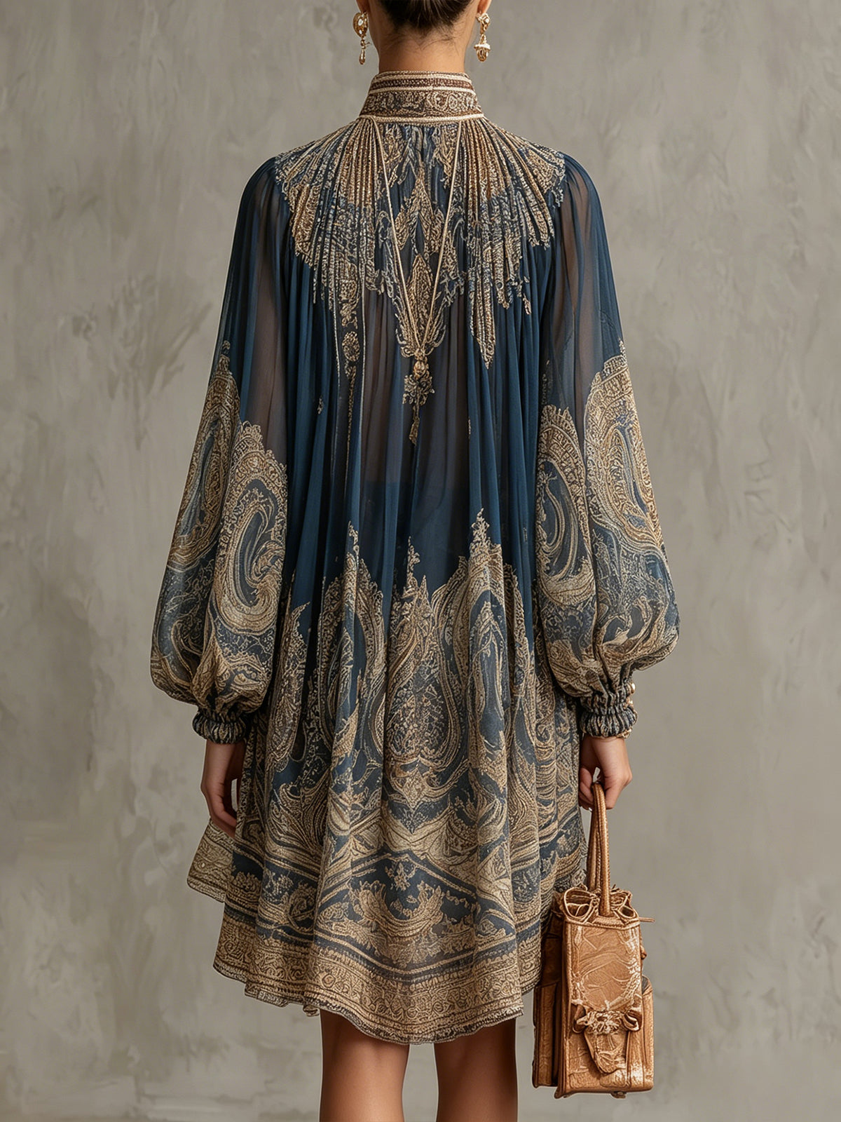 MARINA - Minivestido de muselina azul marino con estampado bohemio y cuello perla™