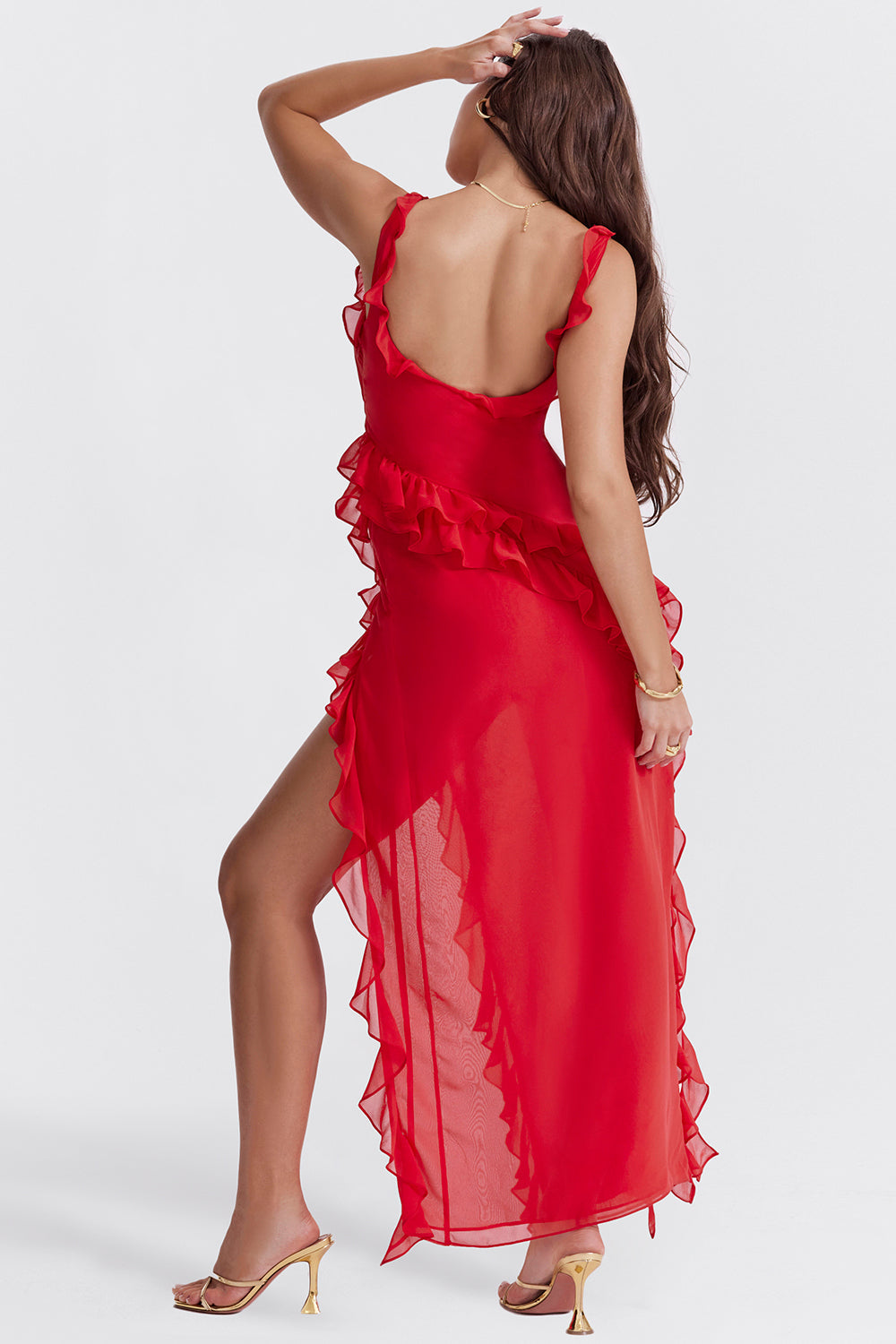 DANIELA - Vestido largo de tirantes con volantes fluidos y abertura lateral™