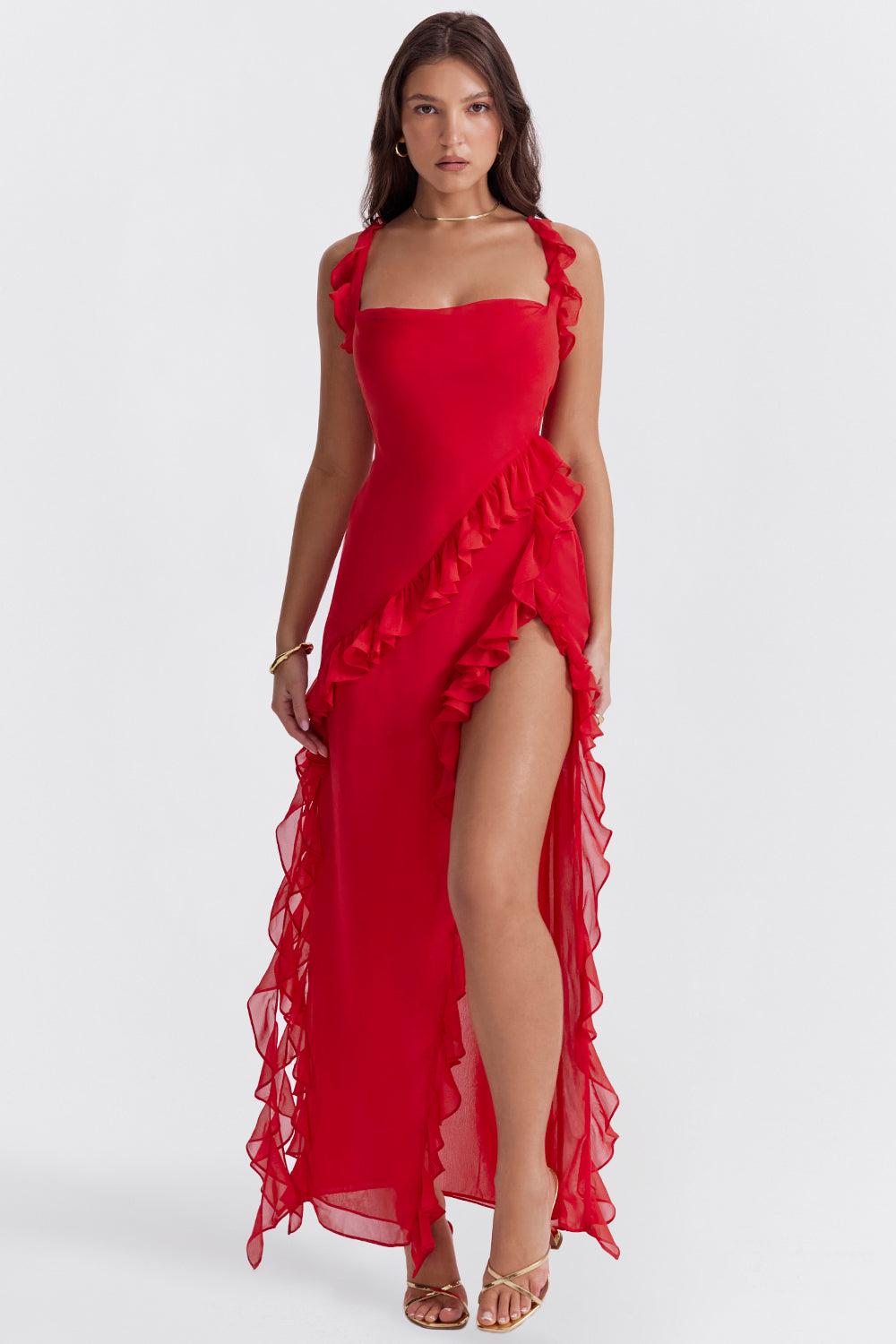 DANIELA - Vestido largo de tirantes con volantes fluidos y abertura lateral™