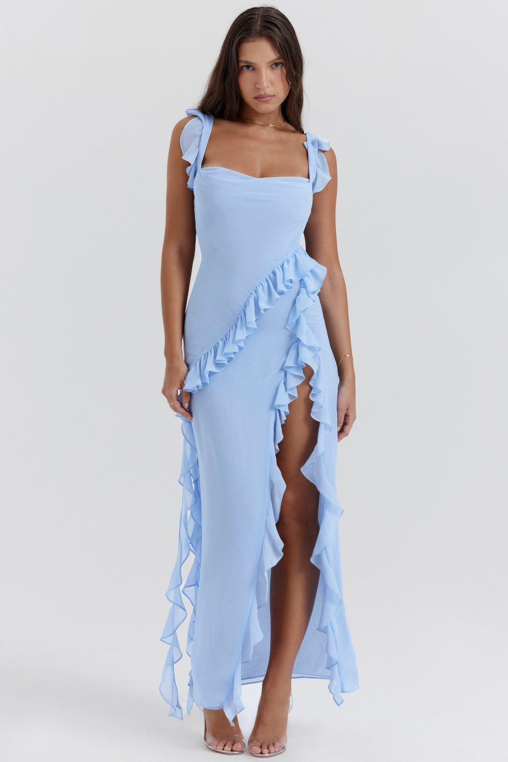 DANIELA - Vestido largo de tirantes con volantes fluidos y abertura lateral™