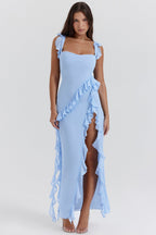 DANIELA - Vestido largo de tirantes con volantes fluidos y abertura lateral™