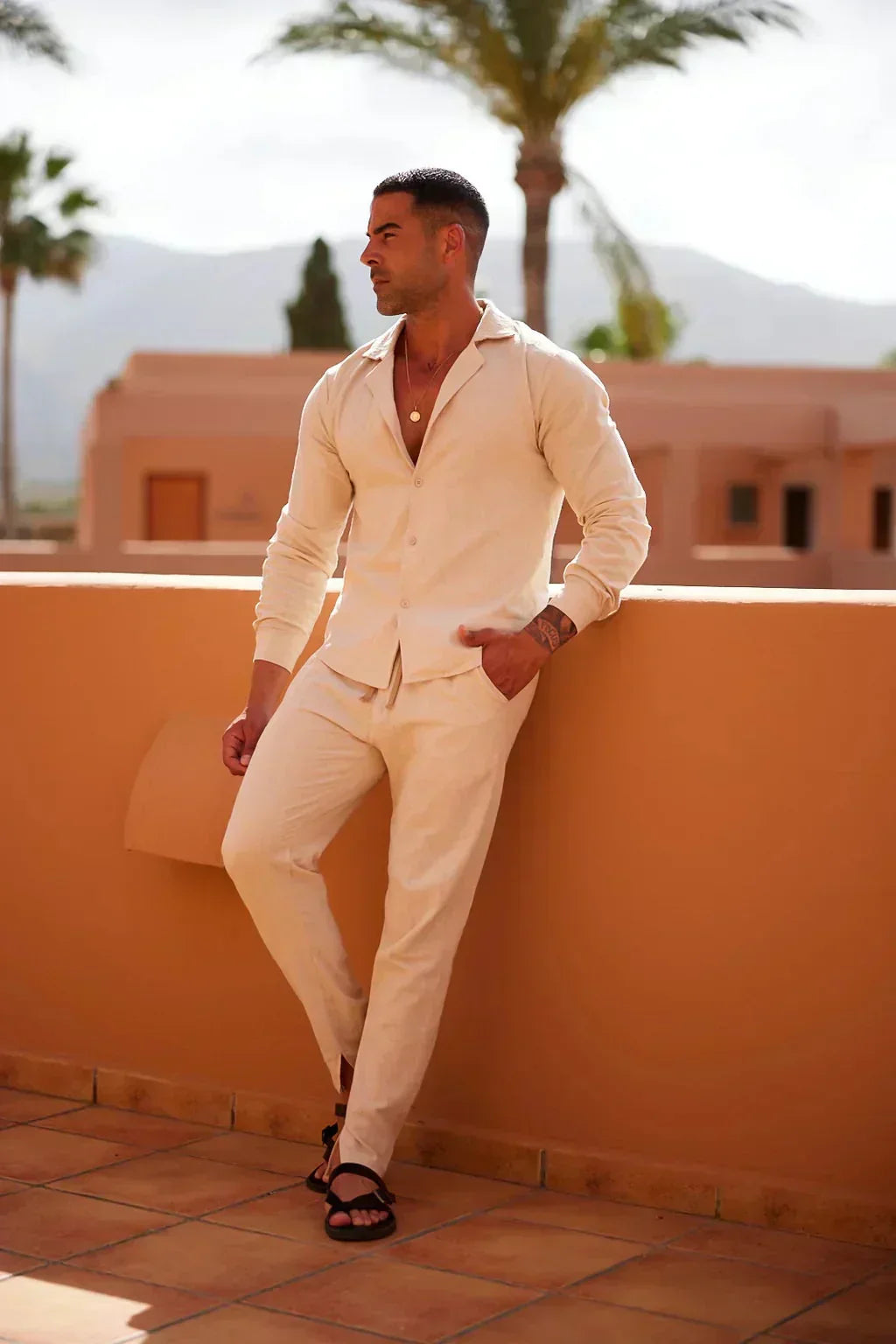 AMARO - Conjunto de lino de dos piezas con camisa de cuello solapa y pantalón con cordón™