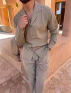 AMARO - Conjunto de lino de dos piezas con camisa de cuello solapa y pantalón con cordón™