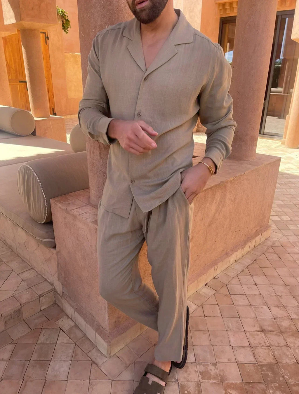 AMARO - Conjunto de lino de dos piezas con camisa de cuello solapa y pantalón con cordón™
