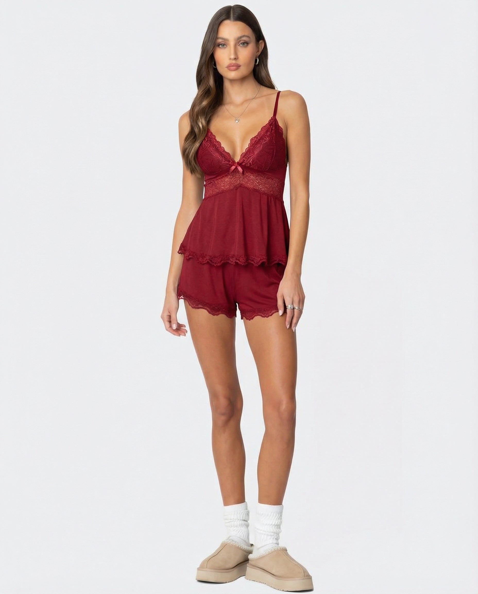 SILVIA - Conjunto de pijama lencero de tirantes y short con encaje™