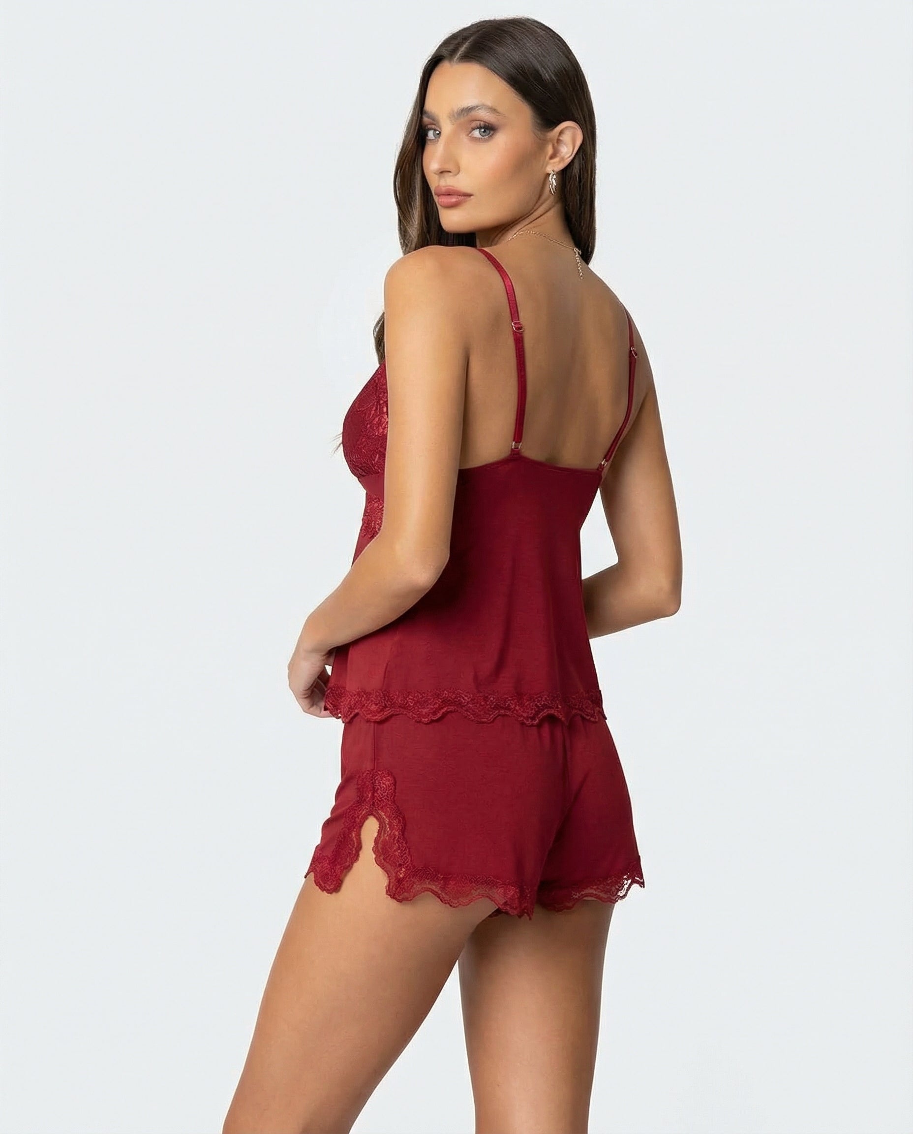 SILVIA - Conjunto de pijama lencero de tirantes y short con encaje™