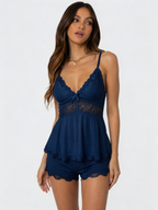 SILVIA - Conjunto de pijama lencero de tirantes y short con encaje™