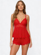 SILVIA - Conjunto de pijama lencero de tirantes y short con encaje™