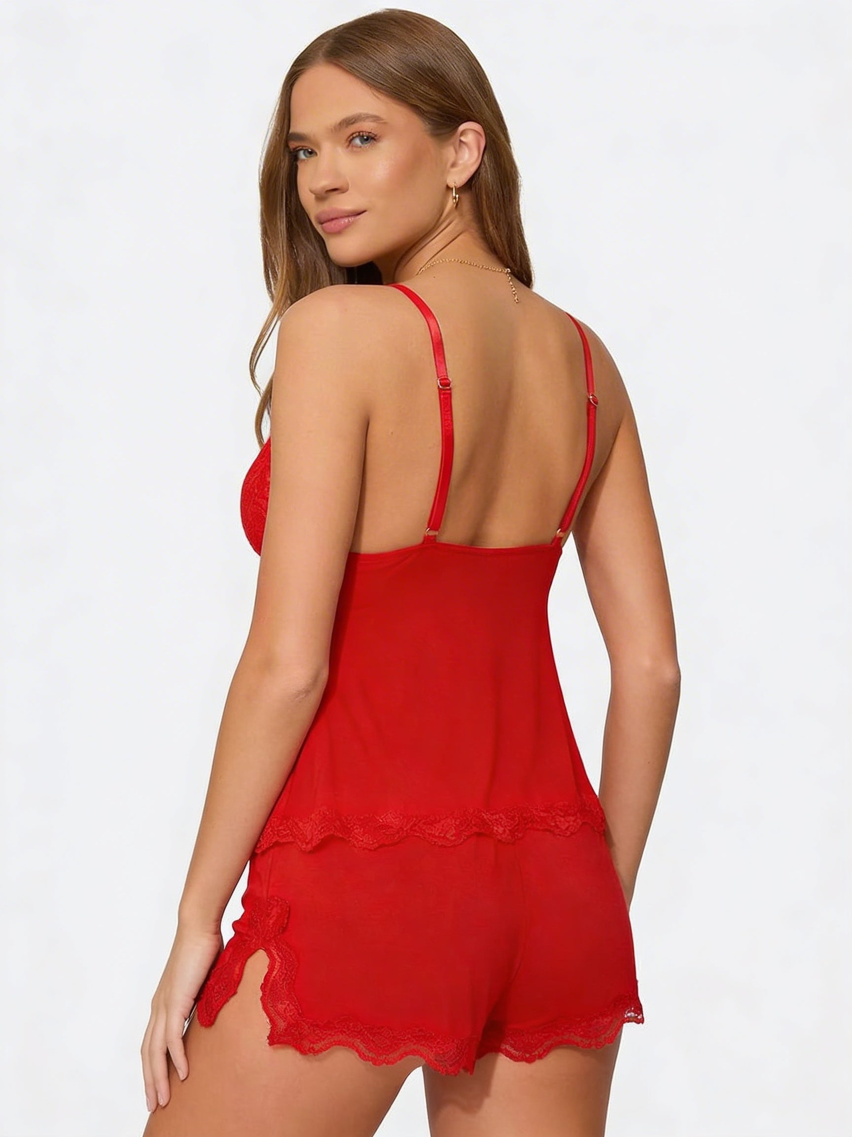 SILVIA - Conjunto de pijama lencero de tirantes y short con encaje™